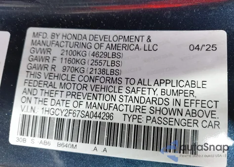 2025 Honda Accord Hybrid Ex-L z USA, uszkodzony, nr VIN 1HGCY2F67SA044296